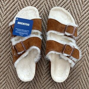 Birkenstock Tan Suede Shearling Slides